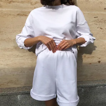 

Solid Normcore/Minimalist Sweatsuits Shorts Suit Women Two Piece Outfits 2020 Autumn Long Sleeve Casual Loose Sport Streetwear