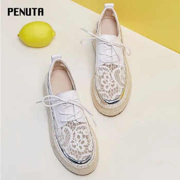 

2020 PENUTA White Lace Shoes For Women Platform Sneakers British Style Ladies Casual Shoes New Design Flat Platform Shoes F0066