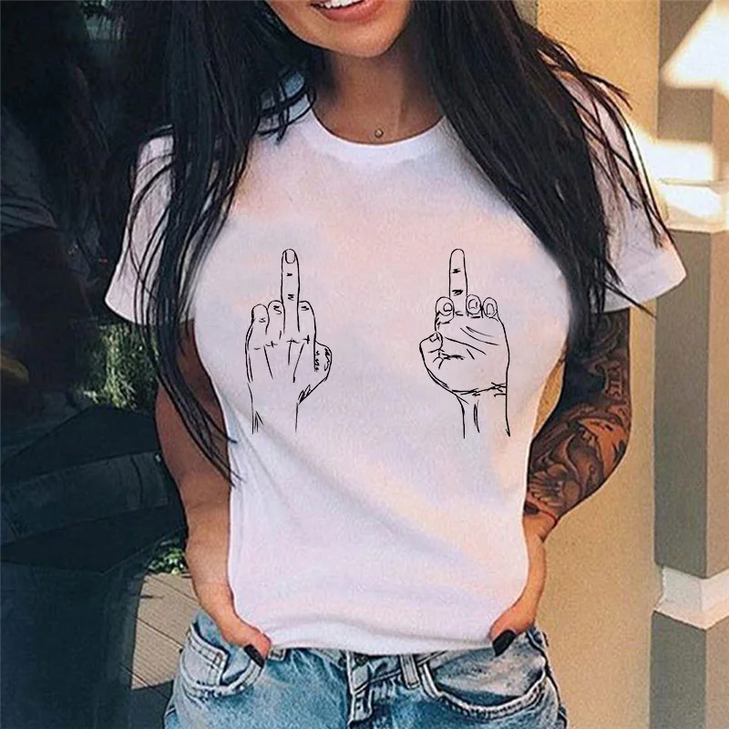 Summer New Fashion Middle Finger Chest  Graphic Printed  Round Neck  T Shirt  Casual Simple Women Tee Tops off white t shirt