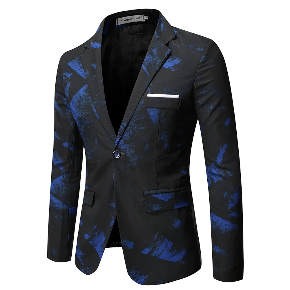 Gentleman Blazers Men Blue Patterning Printed Suit Jacket Casual Coat Prom Singer Concert Stage Costume Winter Size S-5XL