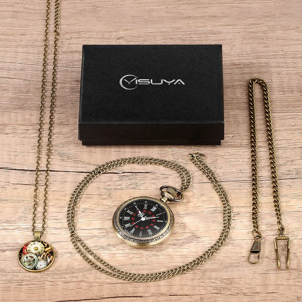 Pocket Watch Set Men's Quartz Watch Roman Numeral Dial Women's Pendant Clock Alloy Necklace with Accessories Gifts Box for Man