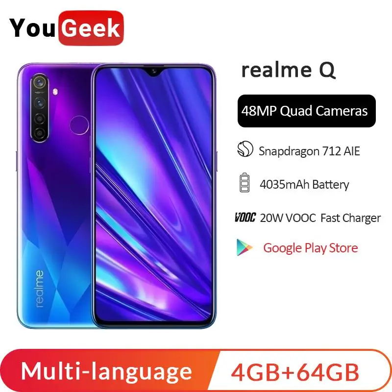 

realme Q SmartPhone 6.3'' Full Screen Snapdragon 712AIE Octa Core 48MP Quad Cameras Cellphone OPPO 4035mAh VOOC 20W Fast Charger