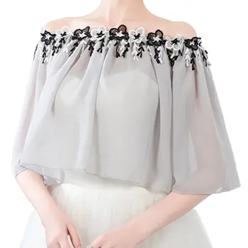 

Women Chiffon Wedding Shawl Embroidery Floral Applique Tassels Bridal Wrap Cape Jacket Off Shoulder Evening Party Bolero