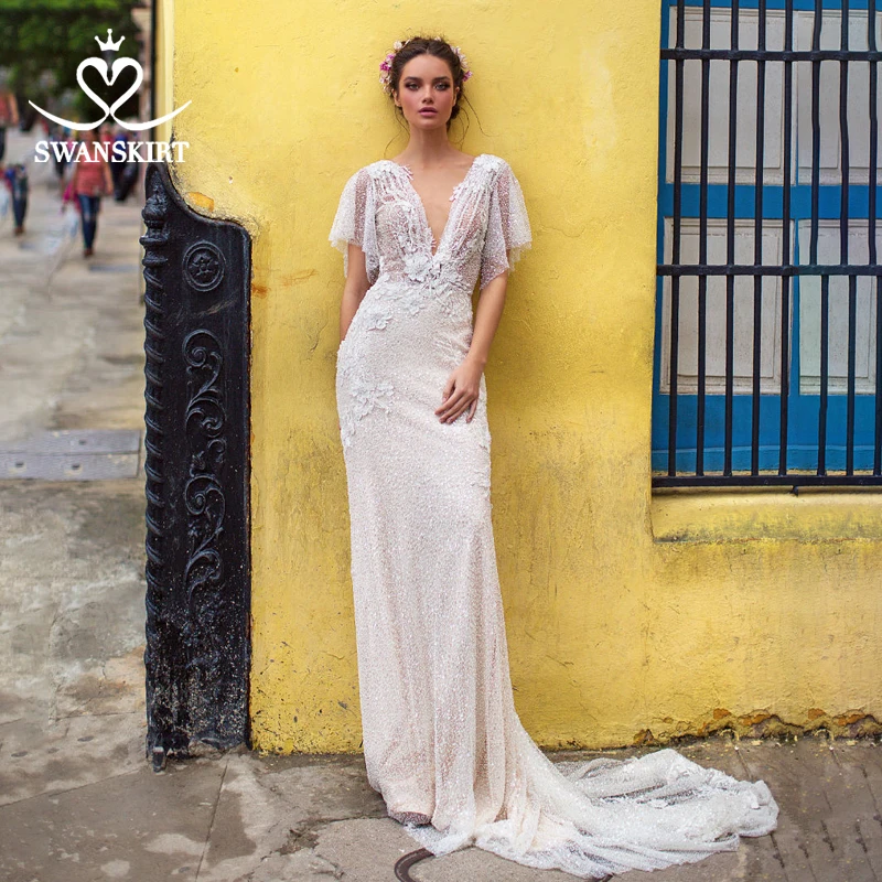 Сексуальное свадебное платье с v-образным вырезом, шикарная юбка I108, аппликация 3D, цветы, Русалка, шлейф, иллюзия, свадебное платье с открытой спиной, Robe De Mariage