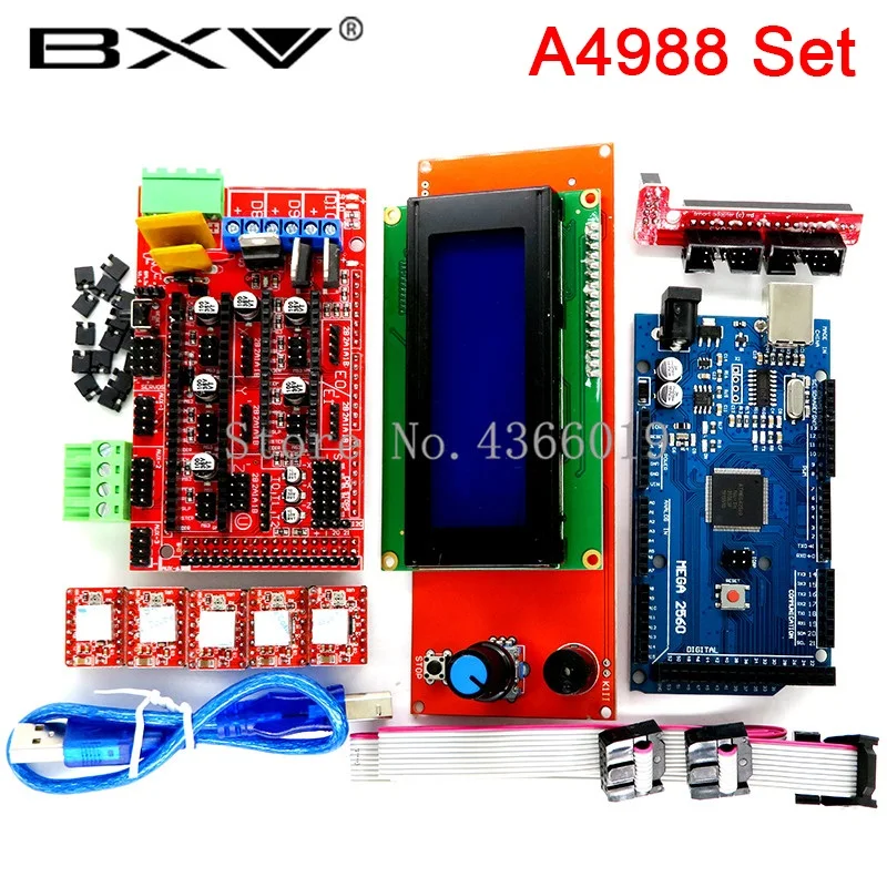 Mega 2560 R3 CH340+ 1 шт. RAMPS 1,4 контроллер+ 5 шт. A4988 DRV8825 модуль шагового драйвера+ 1 шт. 2004 контроллер для 3d принтера комплект