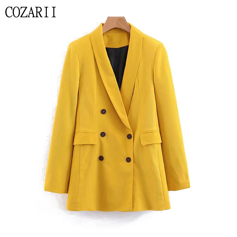 

New Fashion Women Yellow Long Blazer Jackets 2019 Spring-Autumn Office Ladies Twill Bomb Suits Coats Girls Chic Blazer Tops Set