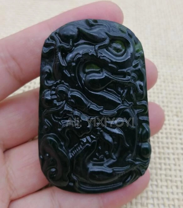 Beautiful Natural Black Green Stone Carved Chinese Dragon Amulet Lucky Pendant+ Rope Necklace Fashion Jewelry for woman man