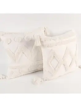 

Nordic White Throw Pillow Case Wave Striped Tufted Textured Tassel Cushion Cover D0LD