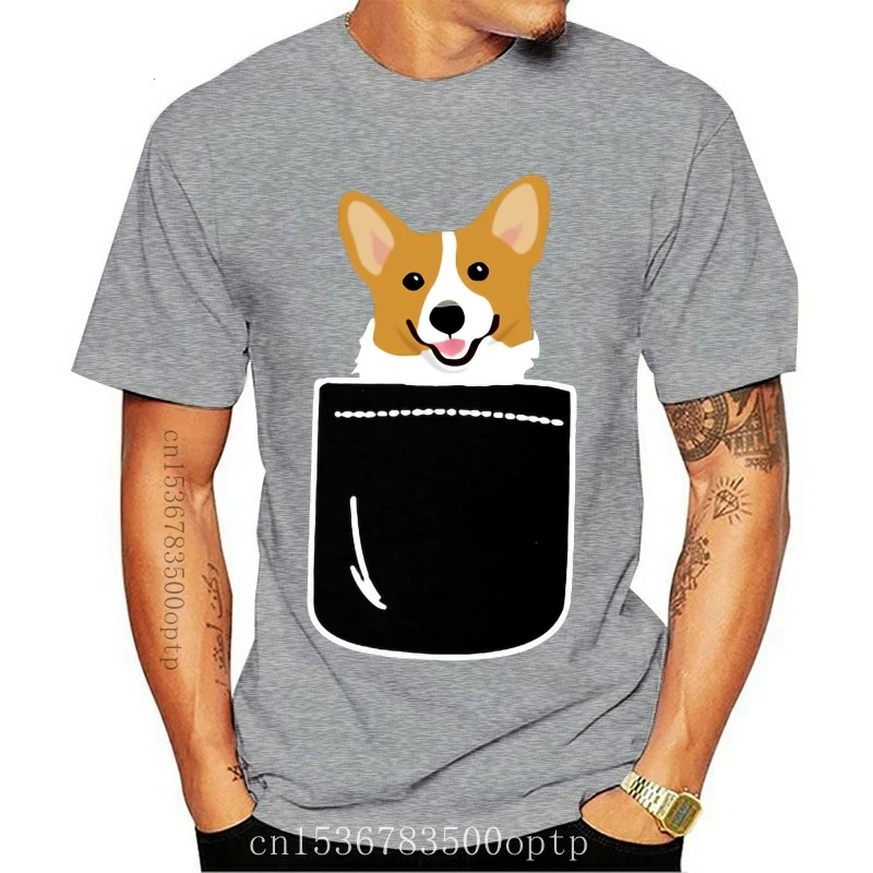 Новая забавная черная футболка Corgi в кармане с забавным щенком большой