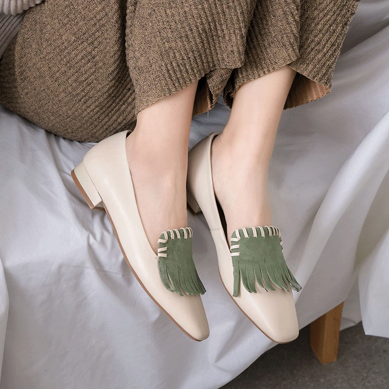 

2019 Spring New Style Europe And America Square Head Flat Keel Thin Shoes Versatile Tassels Flat Heel Loafers Mixed Colors Genui