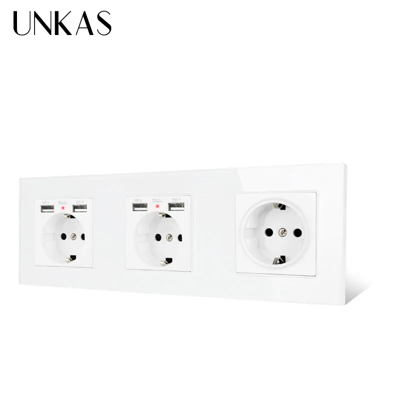 UNKAS 3 Gang настенная розетка стандарта ЕС с 2 USB портами для зарядки мобильный
