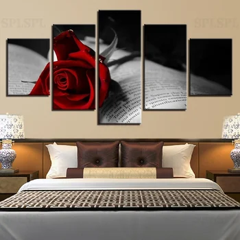 

Canvas Wall Art Pictures Modular HD Prints Flowers Poster 5 Pieces Red Rose And Book Painting Living Room Home Decor
