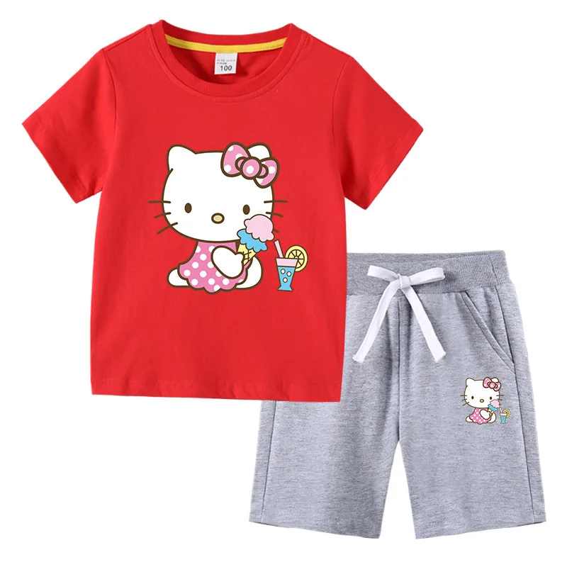 thumbnail image 1 of Hello Kitty verano niños pequeños de algodón de manga corta camiseta traje niños pantalones cortos de manga corta conjunto de dos piezas ropa para niños, 1 of 5