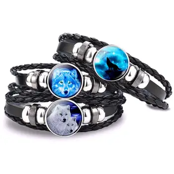 

Fashion Men's Women's Punk Bracelet Wolf Glass Cabochon Braided Black Leather Woven Bracelet