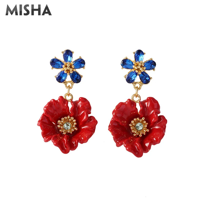 MISHA, трендовые серьги для женщин, ручная работа, эмалированная глазурь, красный цветок, серьги-гвоздики, ювелирные серьги для девушек, женские вечерние, подарки L955