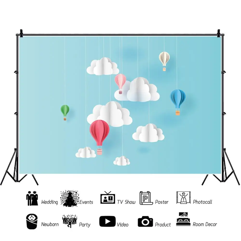 

Laeacco Baby Cartoon Poster Banner Clouds Hot Air Balloon Child Photography Backdrops Photographic Backgrounds For Photo Studio