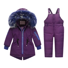 Одежда для маленьких мальчиков и девочек, для России, зимний комбинезон, костюм-30 меховой пуховик для мальчиков, лыжная куртка с капюшоном высокого качества детский зимний костюм