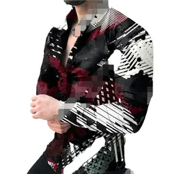 Camisa masculina impressão digital turn down collar único breasted gradiente outono topo para festas