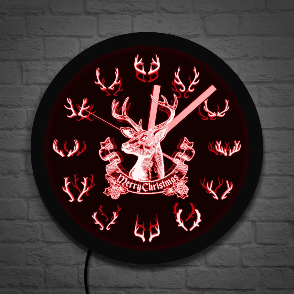 Merry Christmas Deer Wall Clock With LED Backlight 12 Different Horn Antlers Color Changes Lighting Art Decor Hunter Gifts | Дом и сад
