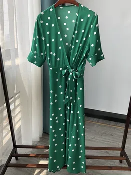 

New 2020 Summer Polka Dot V-neck Wrap Midi Dress Women Viscose Green Holiday Beach Style Long Dresses with Sashes