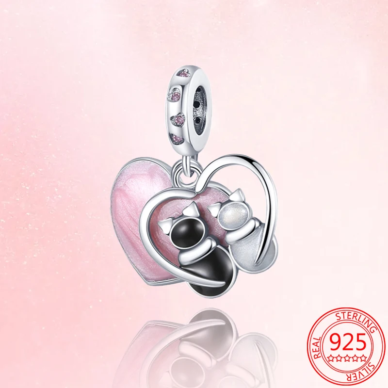 

New 925 Sterling Silver Heart-Shaped Couple Cats Charm Beads DIY Fashion Jewelry Fit Original Bracelet Pendant Necklace