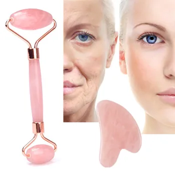 

Natural 2 in 1 pink Roller and Gua Sha Tools Set by Natural Jade Scraper Massager with Stones for Face Neck Back and Jawline