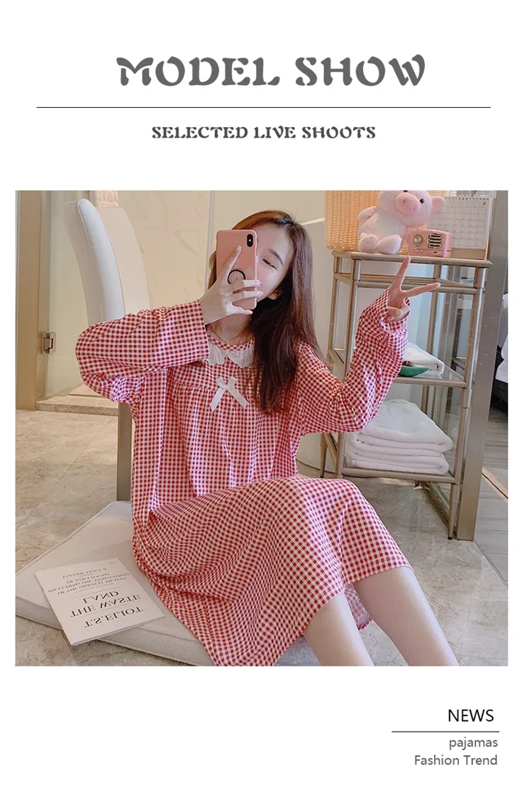 Spring Autumn Casual Plaid Cotton Nightgowns for Women Long Sleeve Loose Night Dress Home Dress Sleepwear Nightdress Nighty