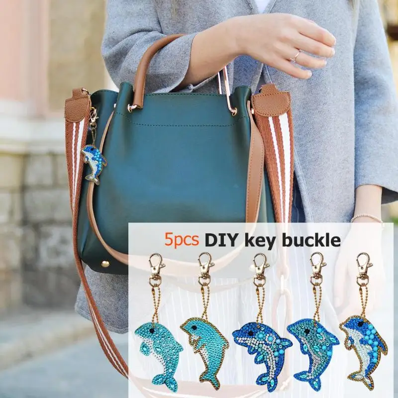 5pcs Dolphin Shape Key Chains 5D DIY Diamond Painting Keychains Special Shape Full Drill Diamond Embroidery Keyring Gift