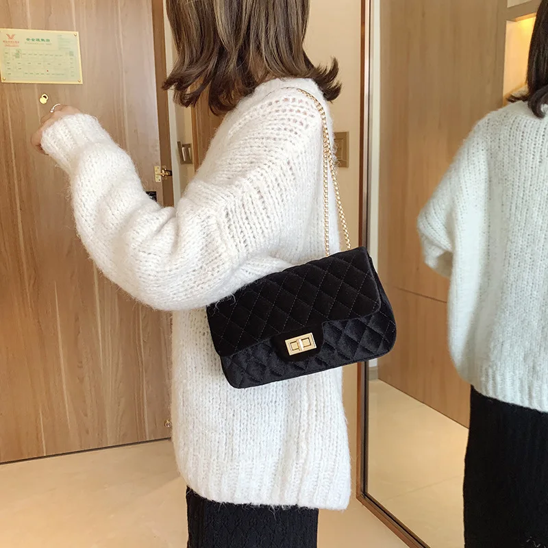 

Casual Graceful Plush Shoulder Bag Women's Rhombus Oblique Square Sling Bag Chain Lock WOMEN'S Bag