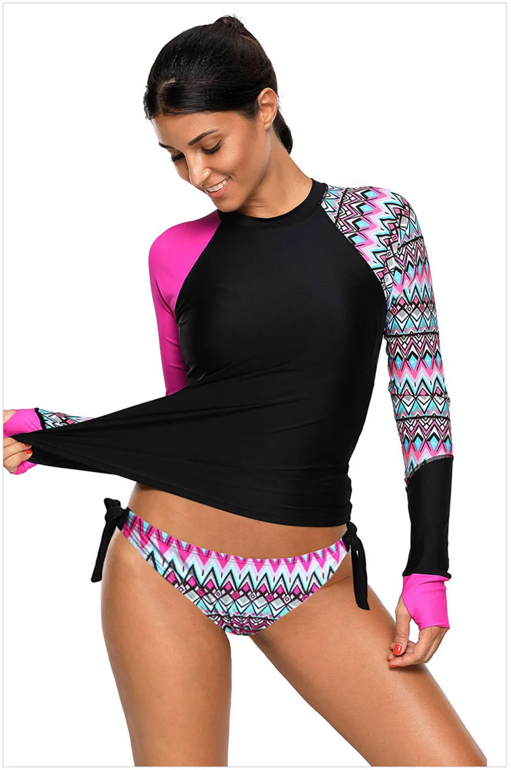 2020 Womens Long Sleeve Rashguard Geometric Print Shirt Side Ties Color Block Two Piece Tankini Swimsuit 410485 (10)