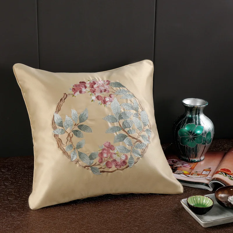 Атлас Вышивка Узор цветы пиона Подушка Cojines Decorativos Para диван год домашние декоративные подушки