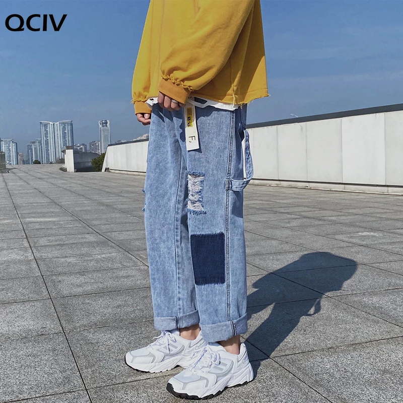 

Men Patchwork Hole Ripped Jeans Mens Korean Fashions Harajuku Baggy Jeans Denim Pants Punk Hip Hop Black Jeans