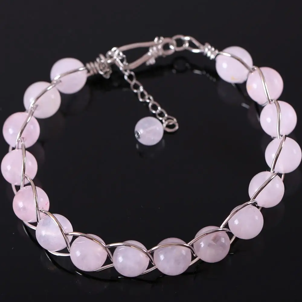 Очаровательный круглый браслет с бусинами, натуральный камень, розовый кристалл, Энергетический Браслет, серебряная проволока, обернутая для женщин, ювелирный подарок, 1 шт., H084