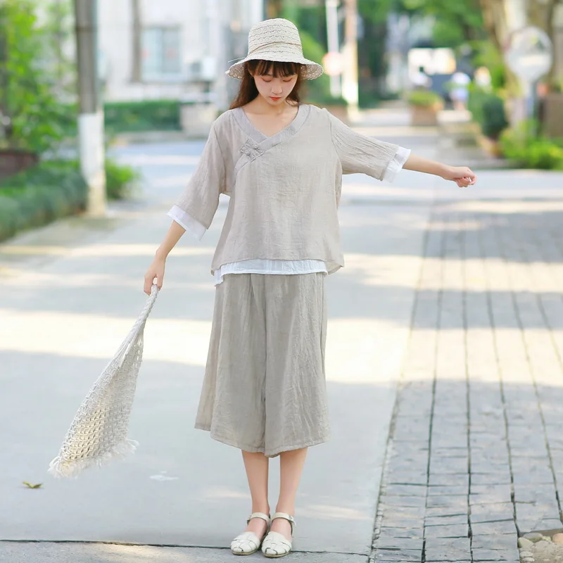 

2019 Summer New Style Literature And Art Double Layer Cotton Linen V-neck Mixed Colors Tops Loose-Fit Capri Loose Pants Fashion