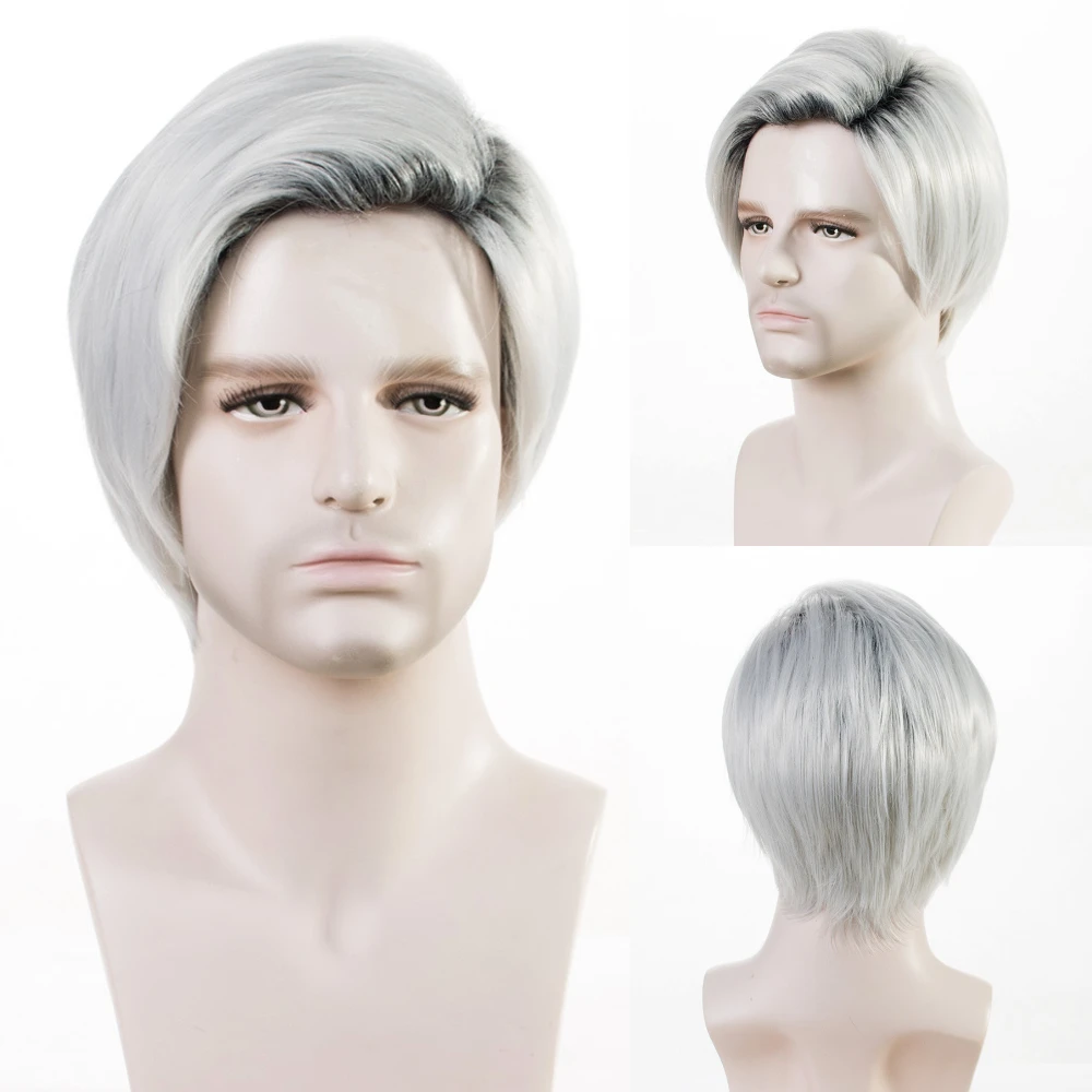 MSIWIGS 남성 짧은 스트레이트 가발 옹 브르 그레이 브라운 합성 가발 화이트 남성용 머리카락 Fleeciness 현실적인 자연 헤드 기어