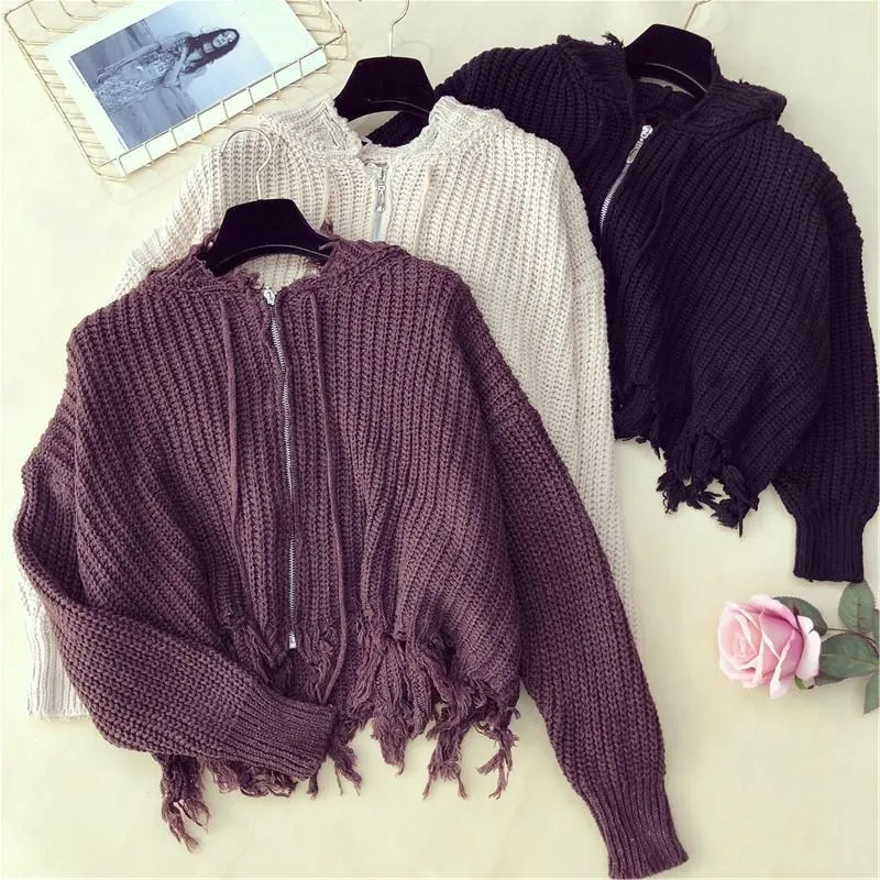 New Fashion Women Hooded Long Sleeve Short Sweater Spring Autumn Zipper Thin Knitted Cardigans |