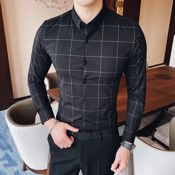 

2020 Plaid Shirt Men Casual Shirts Slim Fit Men Black Shirt Long Sleeve Business Social Clothes