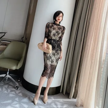 

BGW 31728ht High Neck Lace Cocktail Dress Three Quarter Sleeves Mermaid 2020 Robe De Cocktail Courte Rouge Hollow Out Back