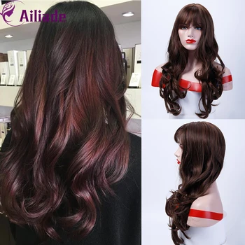 

AILIADE New Arrivals Long Curly Wavy Synthetic Wigs Ombre Black Brown Blonde Linen With Bangs For Women Fake Hair Free Gift