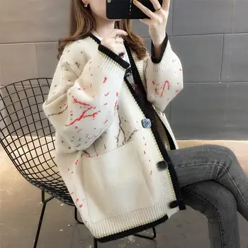

Women 2020 Autumn Winter Cardigans Sweater V-neck Print Loose Knitwear Single Breasted Casual Knit Cardigan Jacket Coat G775