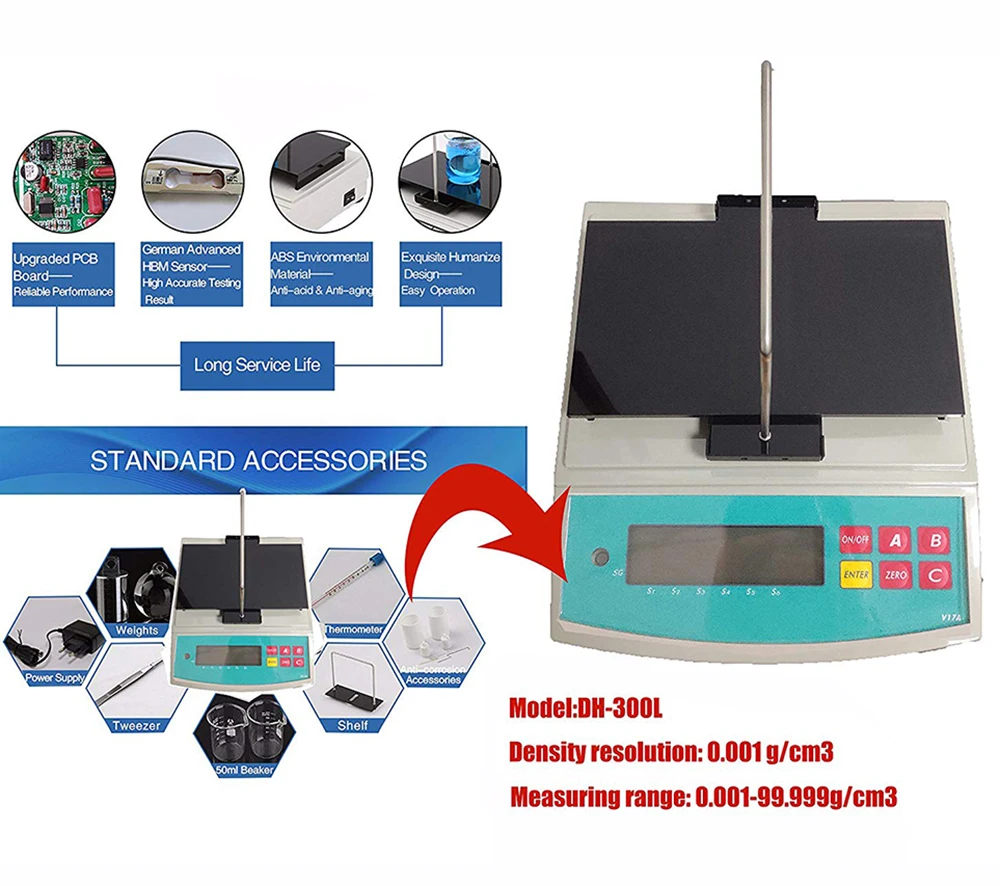 

DH-300L цифровой электронный денсиметр для жидкости 0,001 г/см3 плотное разрешение прибор для испытания плотности для жидкости