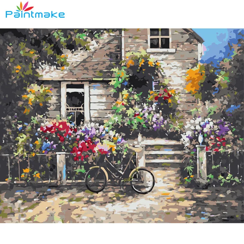 Paintmake дом Цветы DIY живопись по номерам велосипед картина маслом на холсте поле для