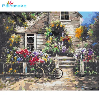 

Paintmake House Flowers DIY Painting By Numbers Bicycle Oil Painting On Canvas Field For Home decor Art Picture Gifts