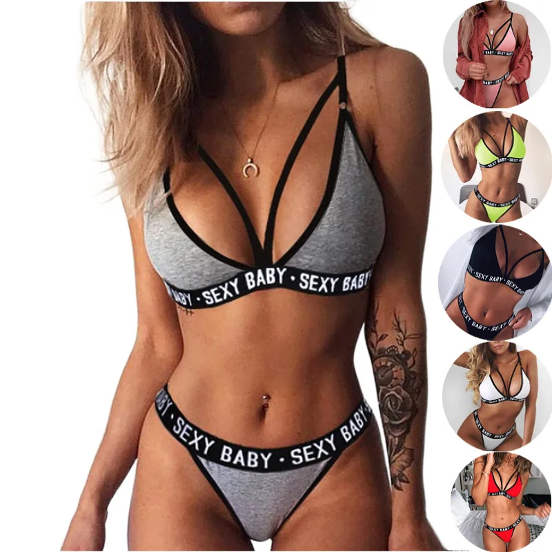 Conjunto de Bikini para mujer, ropa interior deportiva Sexy, corsé de vendaje Sexy con letras, sujetador de realce + tangas, bragas, lencería de estilo veraniego