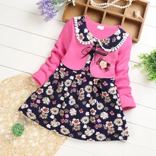 New Autumn Baby Girls Cute Long Sleeves Dress Floral Print Long Sleeve Fake 2 Piece Dress Kids Clothes Spring
