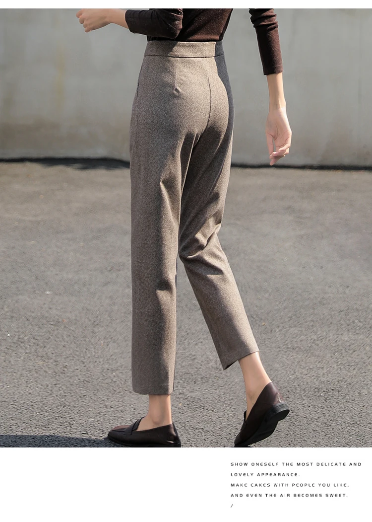Модные шерстяные брюки осень зима женские брюки с высокой талией Pantalon Женские повседневные клетчатые OL костюм брюки WP125