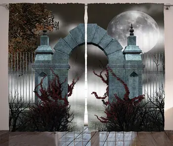 

Gothic Window Curtains Scary Medieval Middle Age Stone Gate with Fog Full Moon and Ivy Dark Night Theme Art Living Room Decor