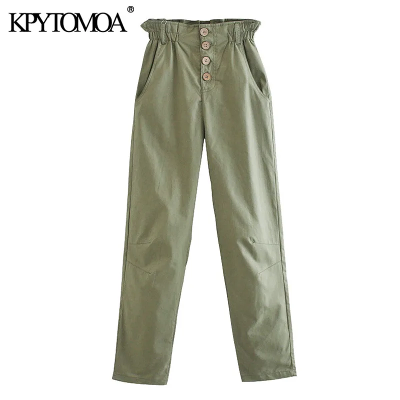 KPYTOMOA Women 2020 Chic Fashion Pockets Paperbag Baggy Pants Vintage High Elastic Waist Buttons Female Trousers Pantalones KPYTOMOA Women 2020 Chic Fashion Pockets Paperbag Baggy Pants Vintage High Elastic Waist Buttons Female Trousers Pantalones