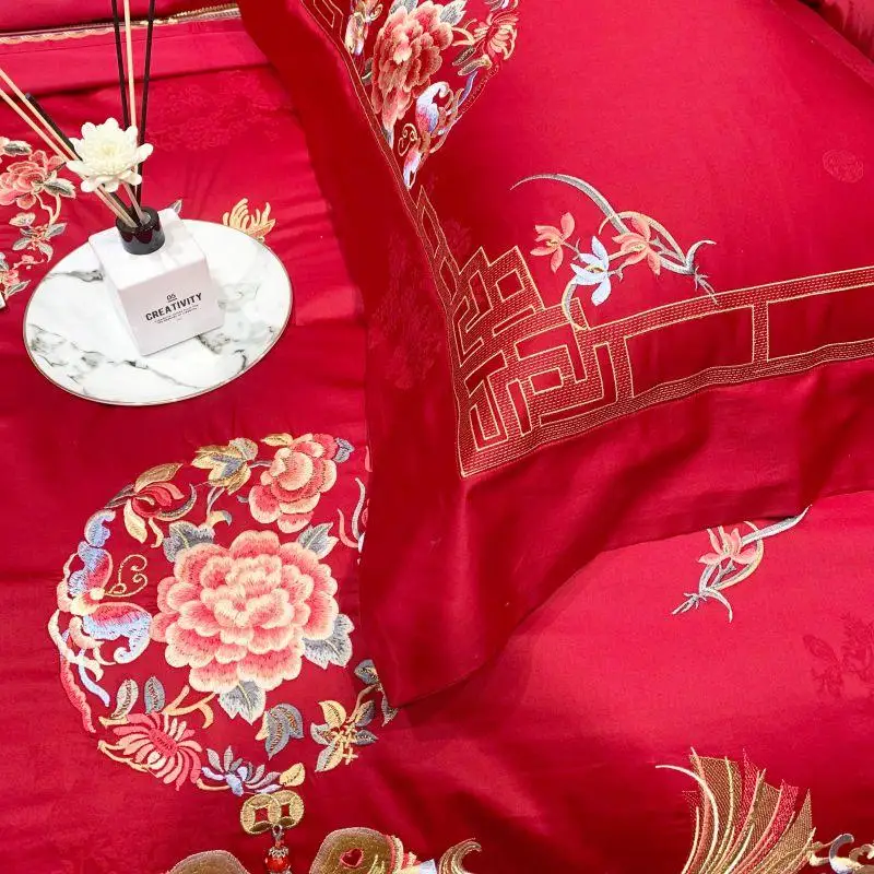 Century wedding Bedding Set red embroidery Bed Set 100S Long-staple cotton Duvet Cover Set Queen King size Bed Sheet Pillowcases