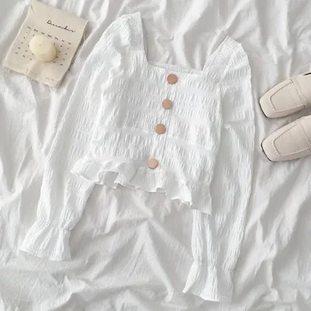 

square collar white pleated womem blouse 2020 summer new long lantern sleeved button high waist lady elegant pulls outwear tops